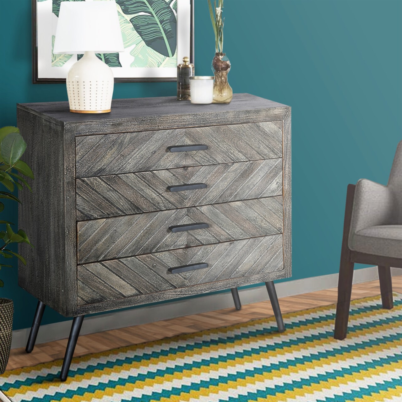 Saltoro Sherpi Shon 33 Inch Chevron Pattern Wood 4 Drawer Accent Dresser Chest with Angled Metal Legs, Distressed Gray-